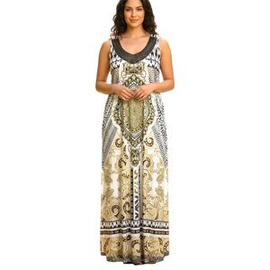 Live and Let Live Boho Chic Beaded Paisley Mandala Print Maxi Dress Size Xlarge